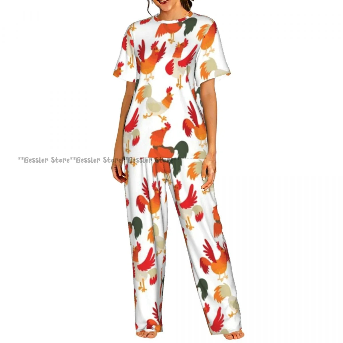 Women's Comfort Pajamas Women's Hand Drawn Rooster Hens And Chickens Short Sleeve Set Sleepwear