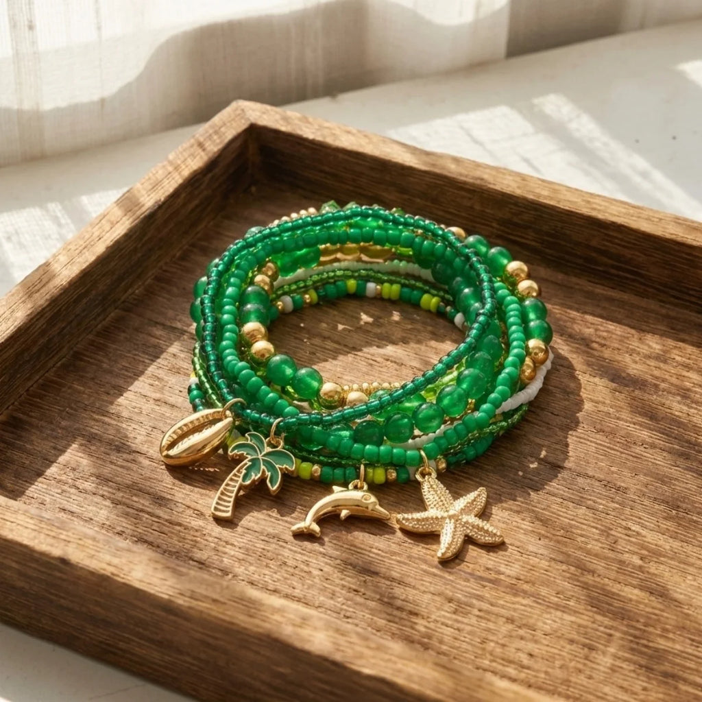 Multilayer Starfish Dolphin Shell Coconut Tree Bracelets For Women Men Imitation Pearl Flower Fish Tail Stackable Bangle Jewelry