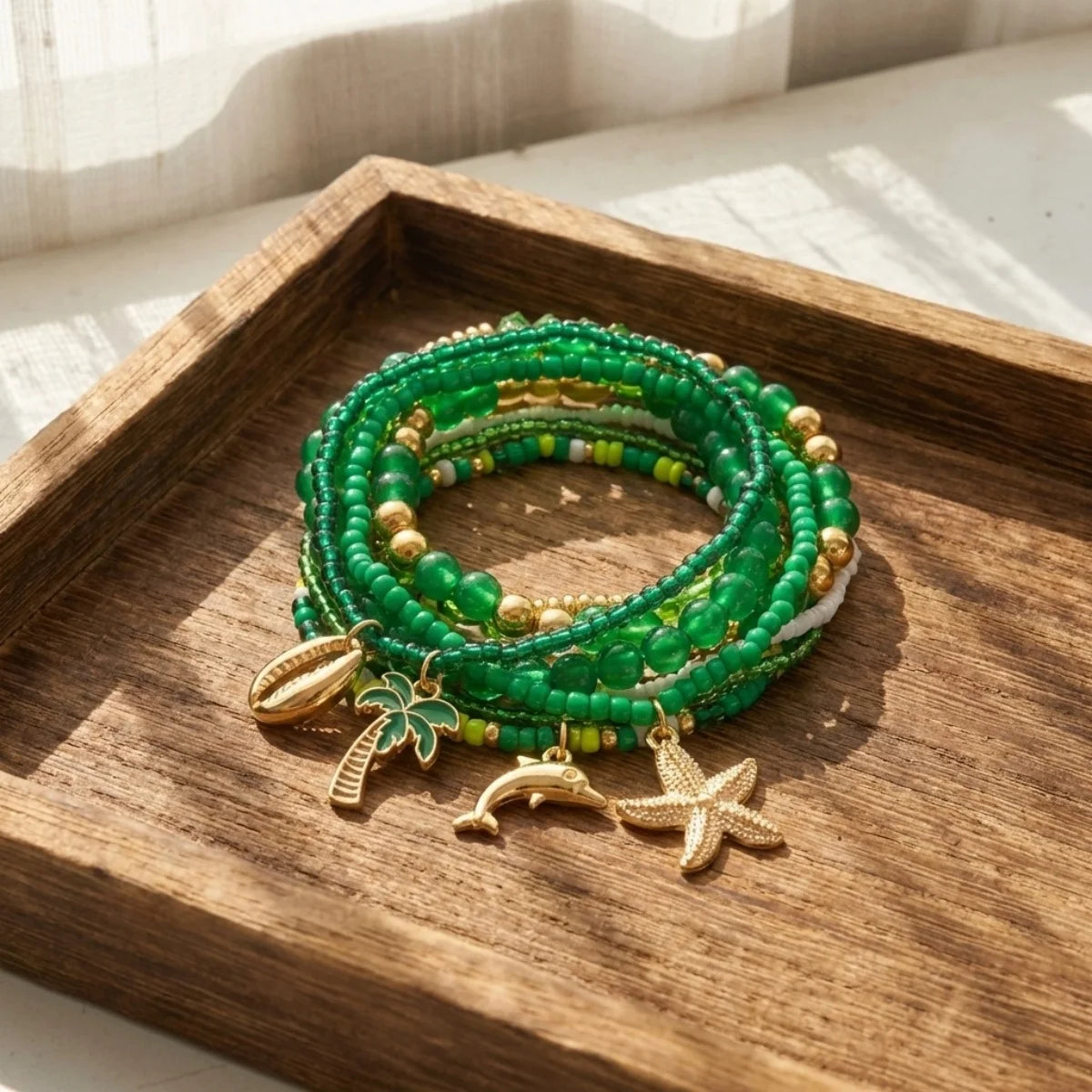 Multilayer Starfish Dolphin Shell Coconut Tree Bracelets For Women Men Imitation Pearl Flower Fish Tail Stackable Bangle Jewelry