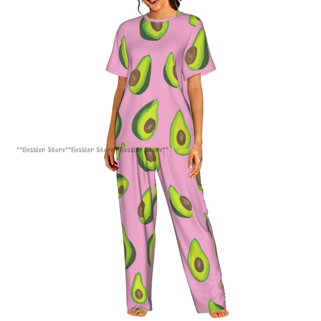 Women Pajama Sets Lounge Sleepwear Avocado Character Short Sleeve Nightwear