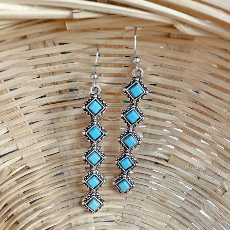 2026 Vintage One Line Long Turquoise Earrings Bohemian Style Ethnic Creative Jewelry