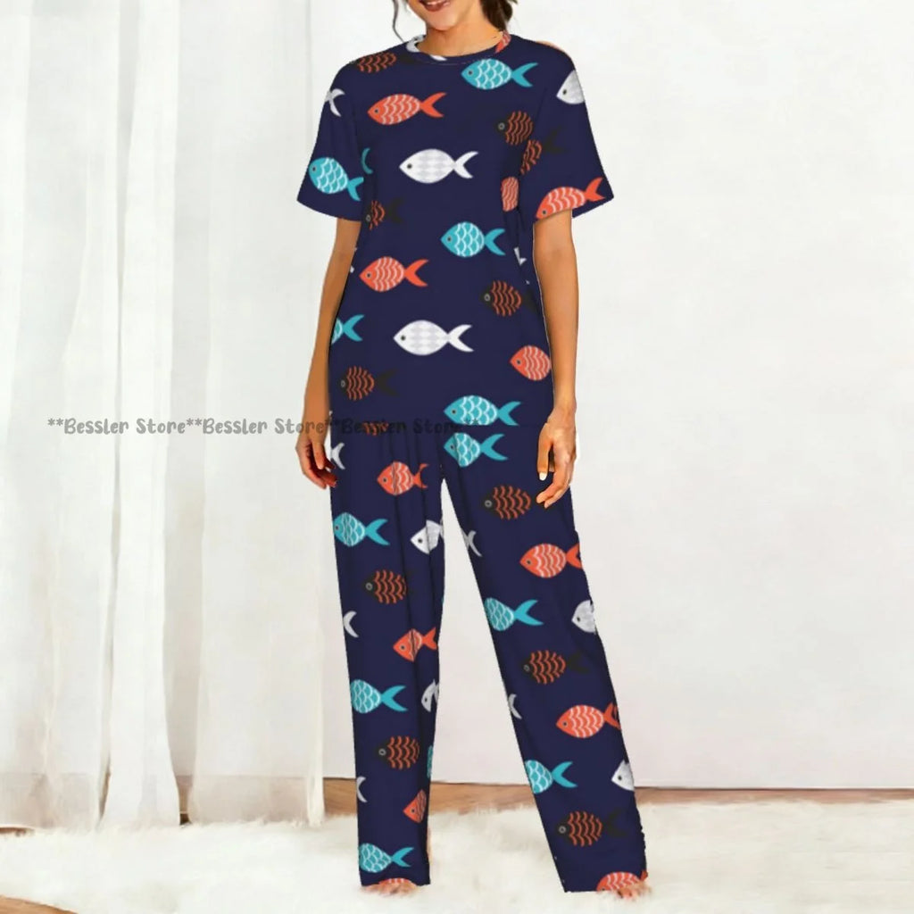Women's Colorful Fish Pattern short sleeve trousers casual pajamas set