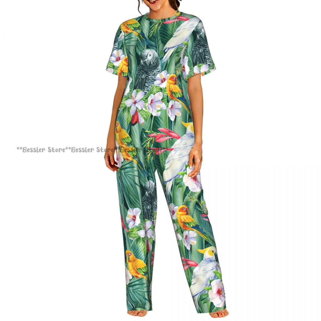 Women's Pajamas Set Tropical Flowers Short Sleeve Sleepwear 2 Piece Homewear Loungewear