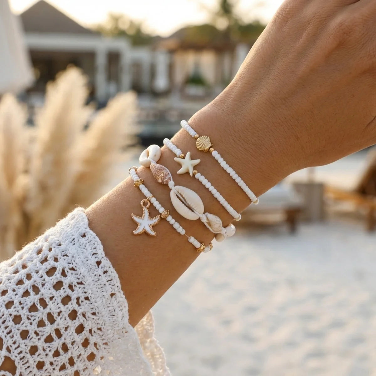 Multilayer Starfish Dolphin Shell Coconut Tree Bracelets For Women Men Imitation Pearl Flower Fish Tail Stackable Bangle Jewelry