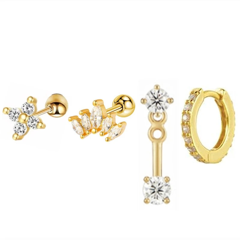 4PCS Stainless Steel Circle Huggie Hoop Earrings Set for Women Gold Color Unique Zircon Flower Stud Earring Piercing Jewelry