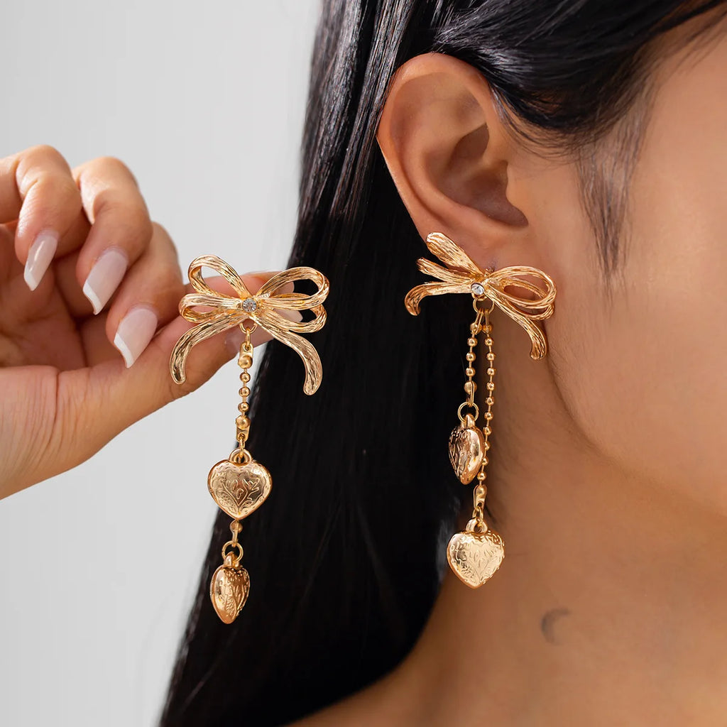 HUANZHI 25New Minimalist Gold-plated Silver Plated Butterfly Bow Tassel Bead Chain Heart Earrings for Women Girls Metal Jewelry