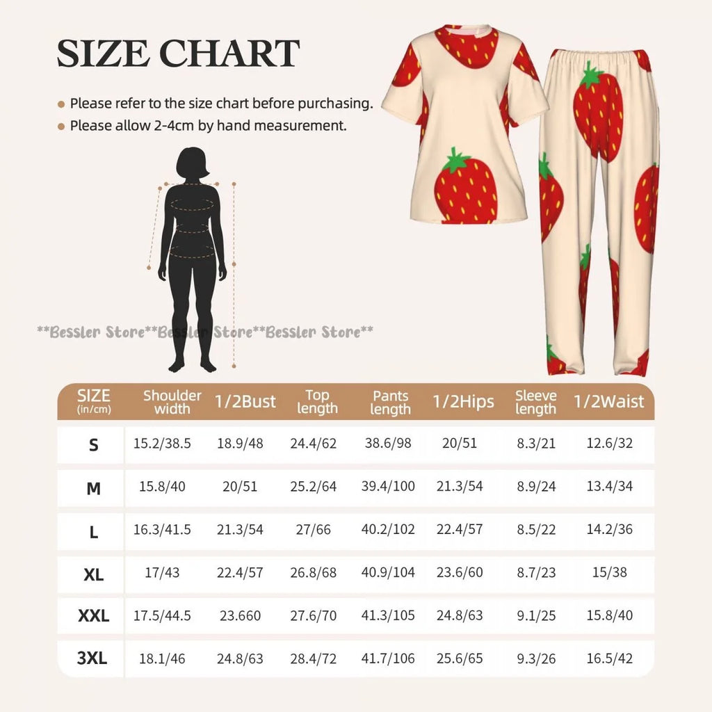 Women's Pajamas Set Strawberry Illustration Short Sleeve Sleepwear 2 Piece Homewear Loungewear