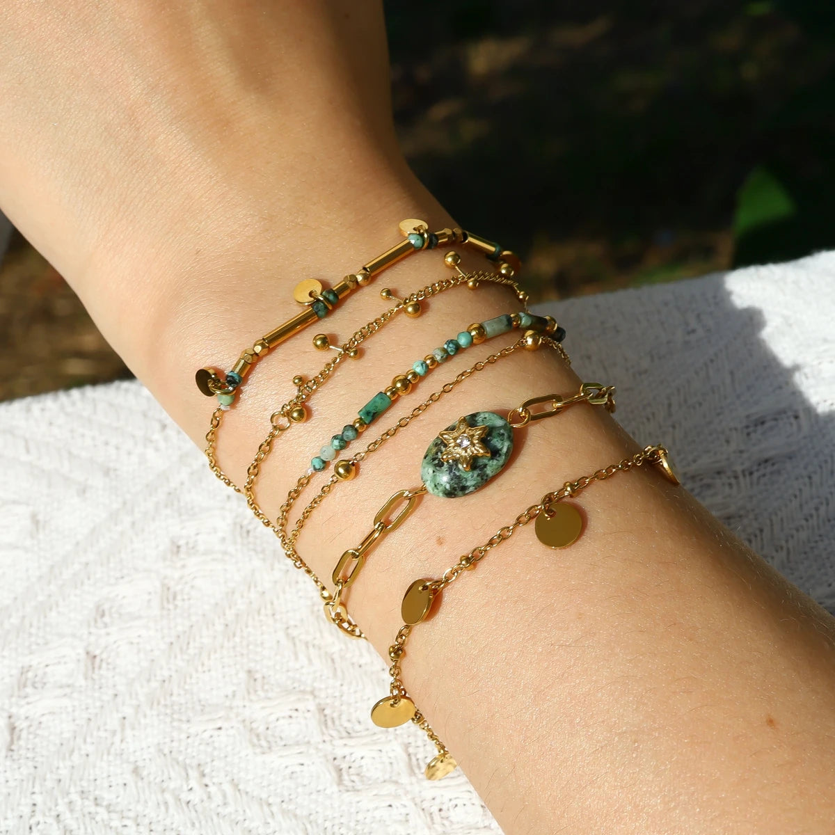 YACHAN 18K Gold PVD Plated Stainless Steel Chain Bracelets for Women Charm African Turquoise Natural Stone Trendy Jewelry Gift