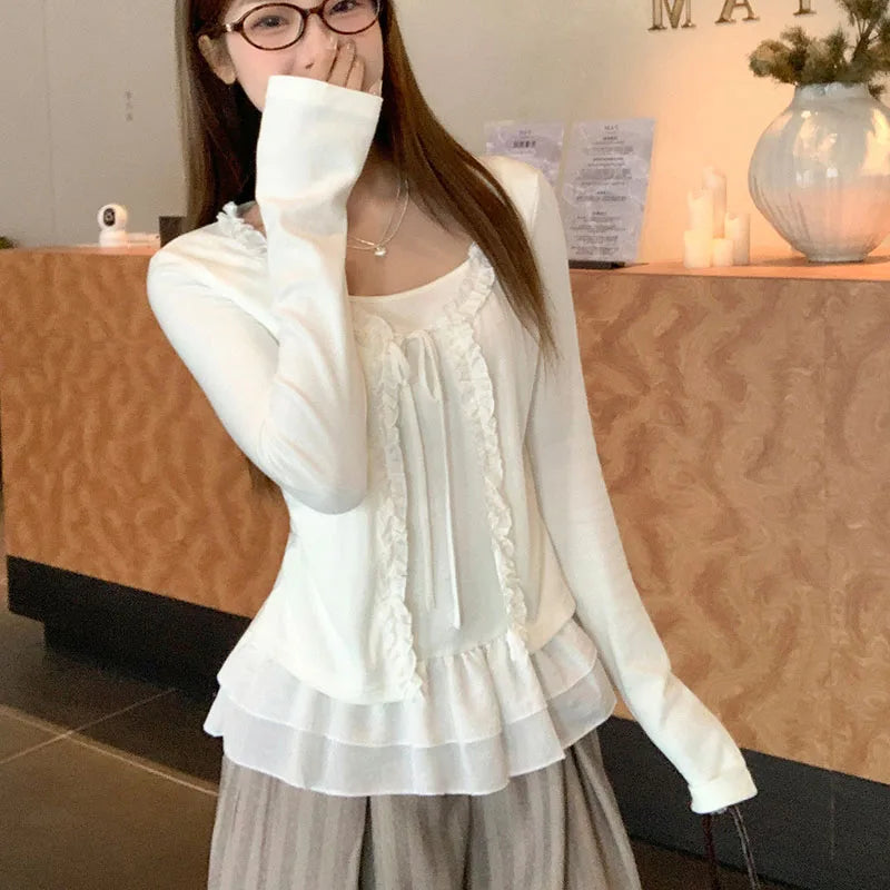 Women Long Sleeved T-shirt Fake Two Piece Lace Splicing Skirt Edge Design Slim Solid Color Simple Daily Casual Versatile Top