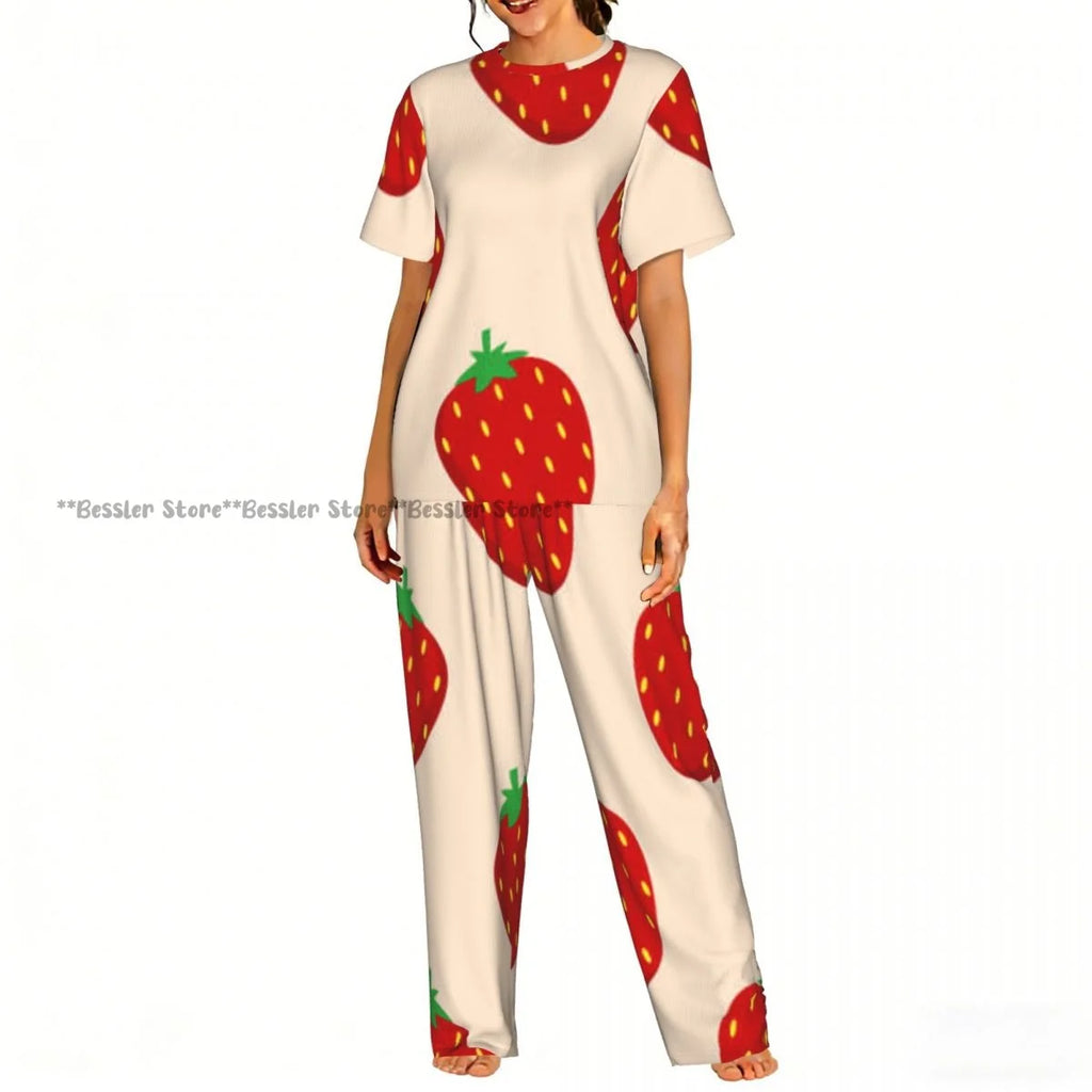 Women's Pajamas Set Strawberry Illustration Short Sleeve Sleepwear 2 Piece Homewear Loungewear