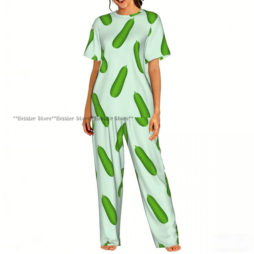 Women Pajama Sets Lounge Sleepwear Cucumbers Cut Print Short Sleeve Nightwear