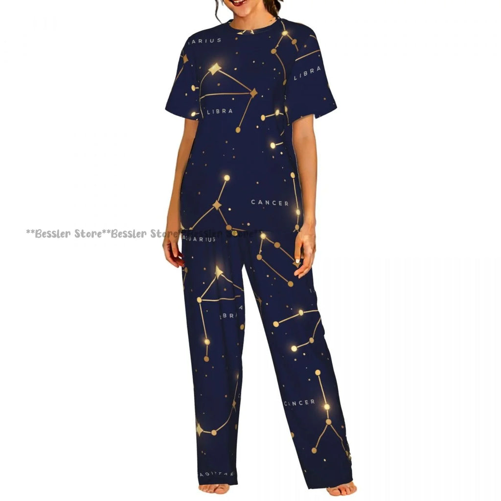 Women's Zodiac Stars On Cosmic Sky short sleeve trousers casual pajamas set