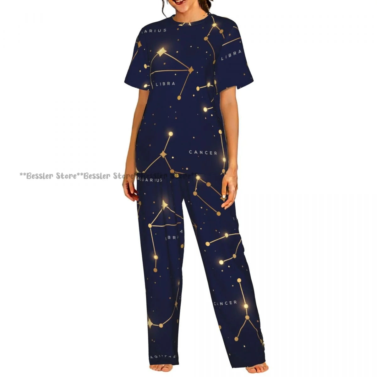 Women's Zodiac Stars On Cosmic Sky short sleeve trousers casual pajamas set