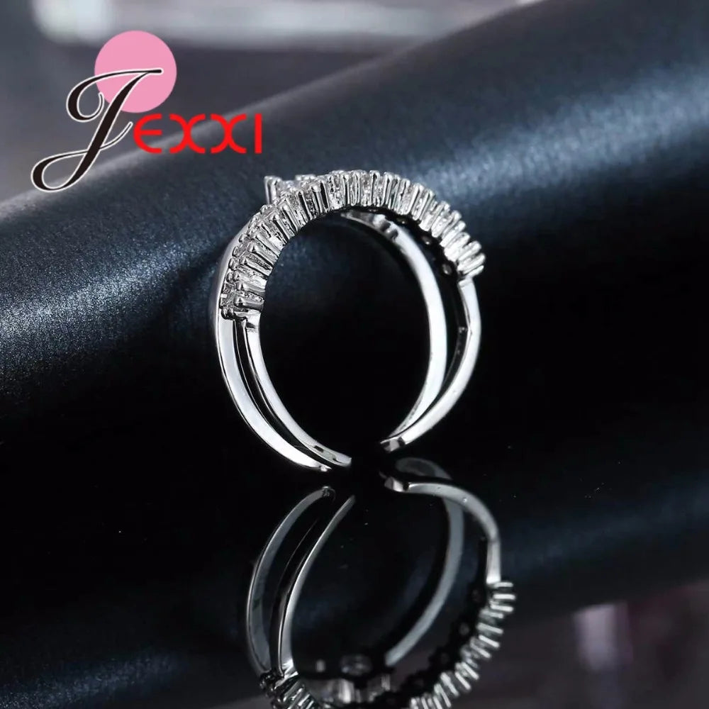 Shiny 925 Sterling Silver Six Claws Double Layer Cubic Zircon Open Adjustable Rings For Women Wedding Party Fashion Jewelry Gift