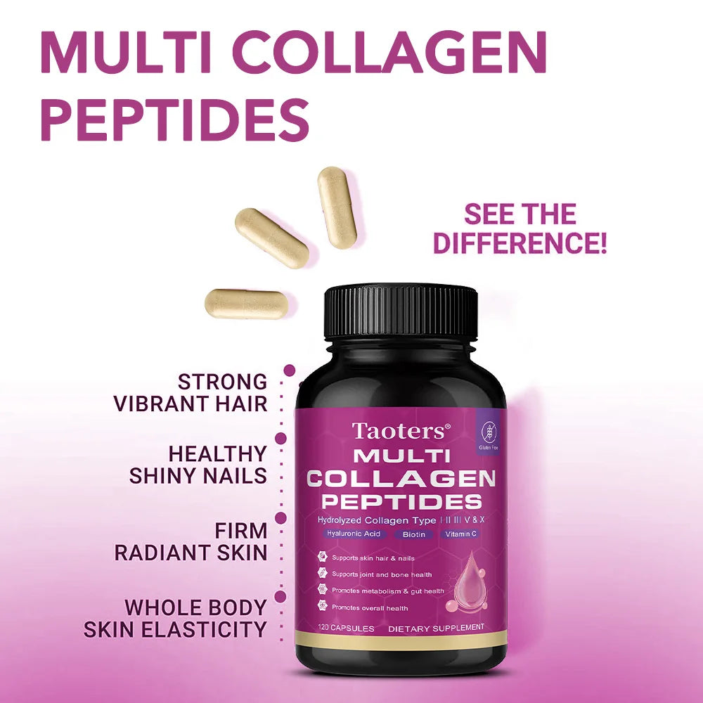 Collagen peptides - containing types I, III, V, and X collagen - support skin, hair, nails, joints, and gut health.