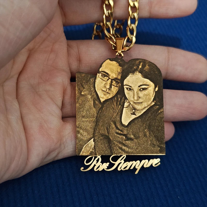 Custom Couple Necklace Cuban Chain Personalized Stainless Steel Laser Engraved Photo Nameplate Pendant Necklace Anniversary Gift