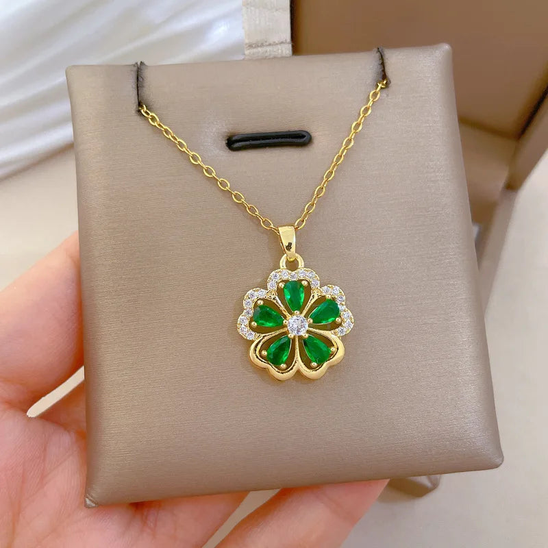 DIEYURO 316L Stainless Steel Green Zircon Five Petal Flower Pendant Necklace For Women New Fashion Collarbone Chain Jewelry Gift