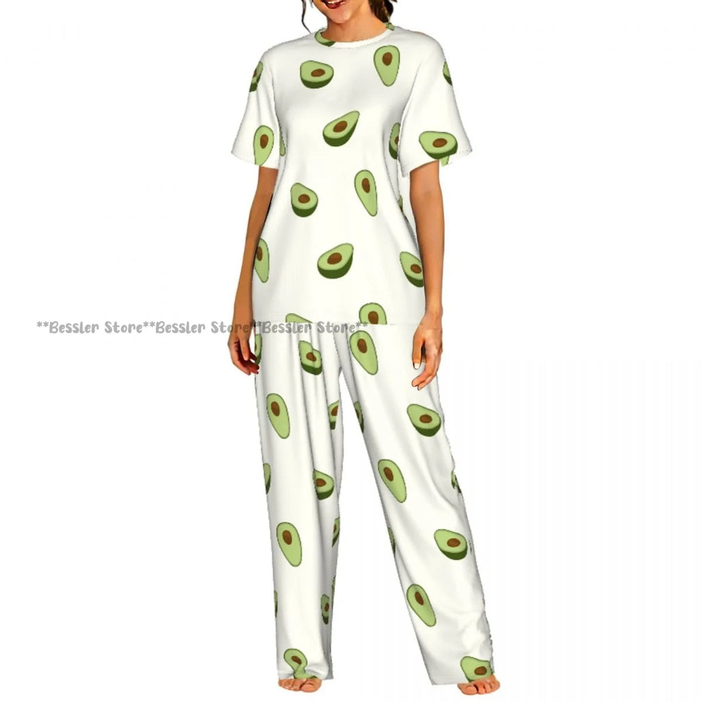 Women Pajama Sets Lounge Sleepwear Avocado Character Short Sleeve Nightwear