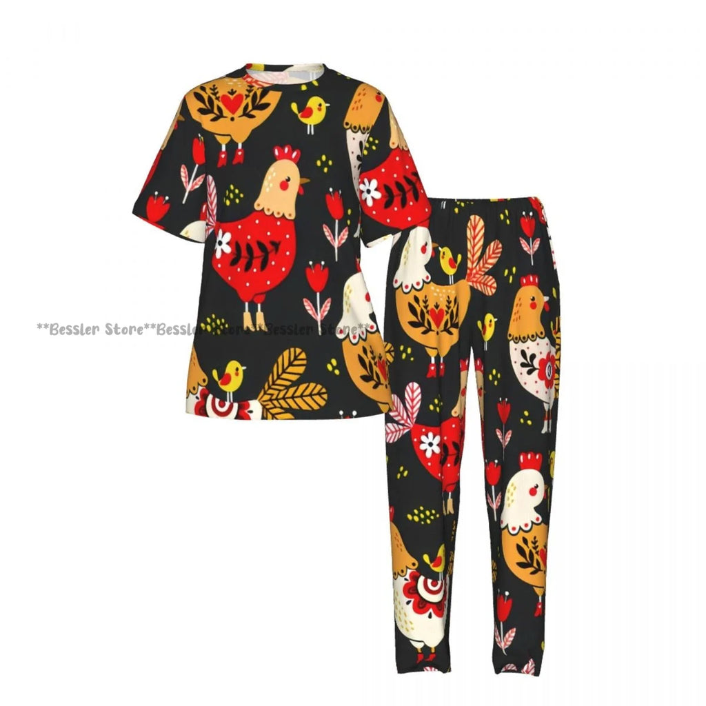 Women's Comfort Pajamas Women's Rooster Hens And Chickens Background Short Sleeve Set Sleepwear
