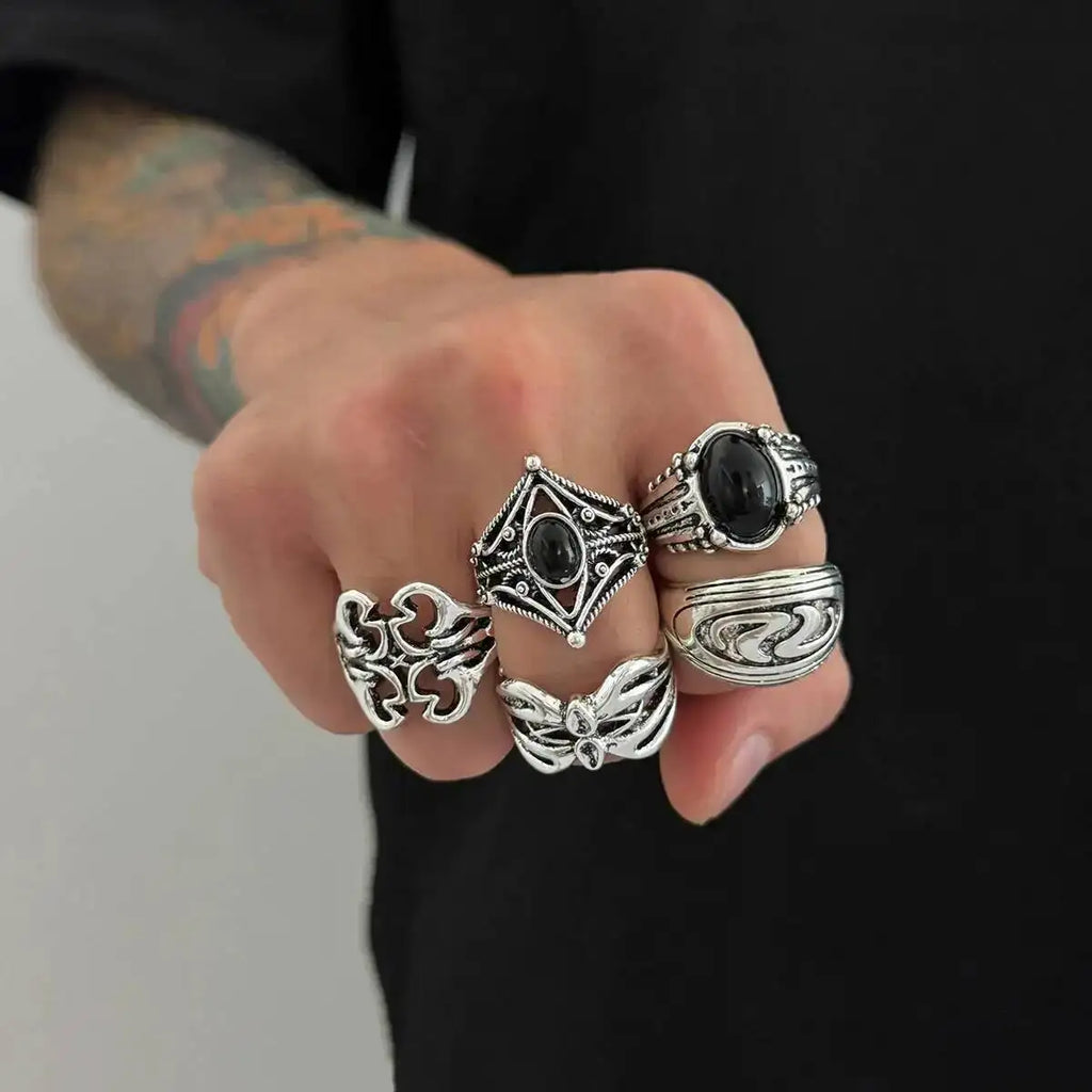 IngeSight.Z 5Pcs/set Punk Hollowout Chunky Open Ring Men Gothic Irregular Geometry Finger Rings Jewelry Halloween Party Gift