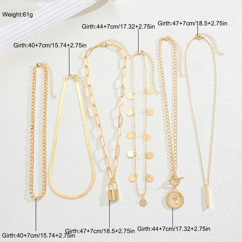 6pcs/3pcs Vintage Elegant Fashion Multi-Element Portrait Coin Cross Lock OT Buckle Pendant Hollow Chain Layered Necklace Set New
