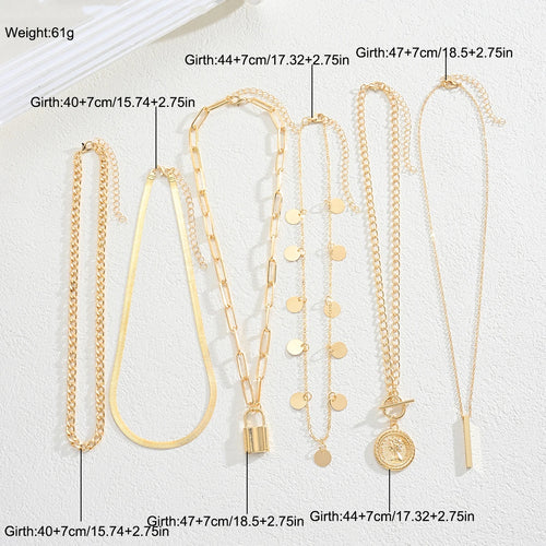 6pcs/3pcs Vintage Elegant Fashion Multi-Element Portrait Coin Cross Lock OT Buckle Pendant Hollow Chain Layered Necklace Set New