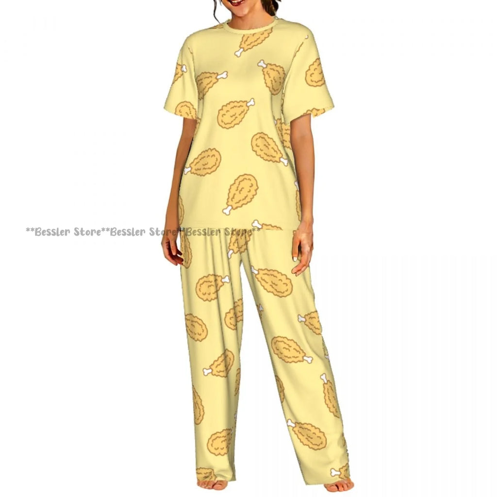 Women Pajama Sets Lounge Sleepwear Crispy Fried Chicken Pattern Short Sleeve Nightwear