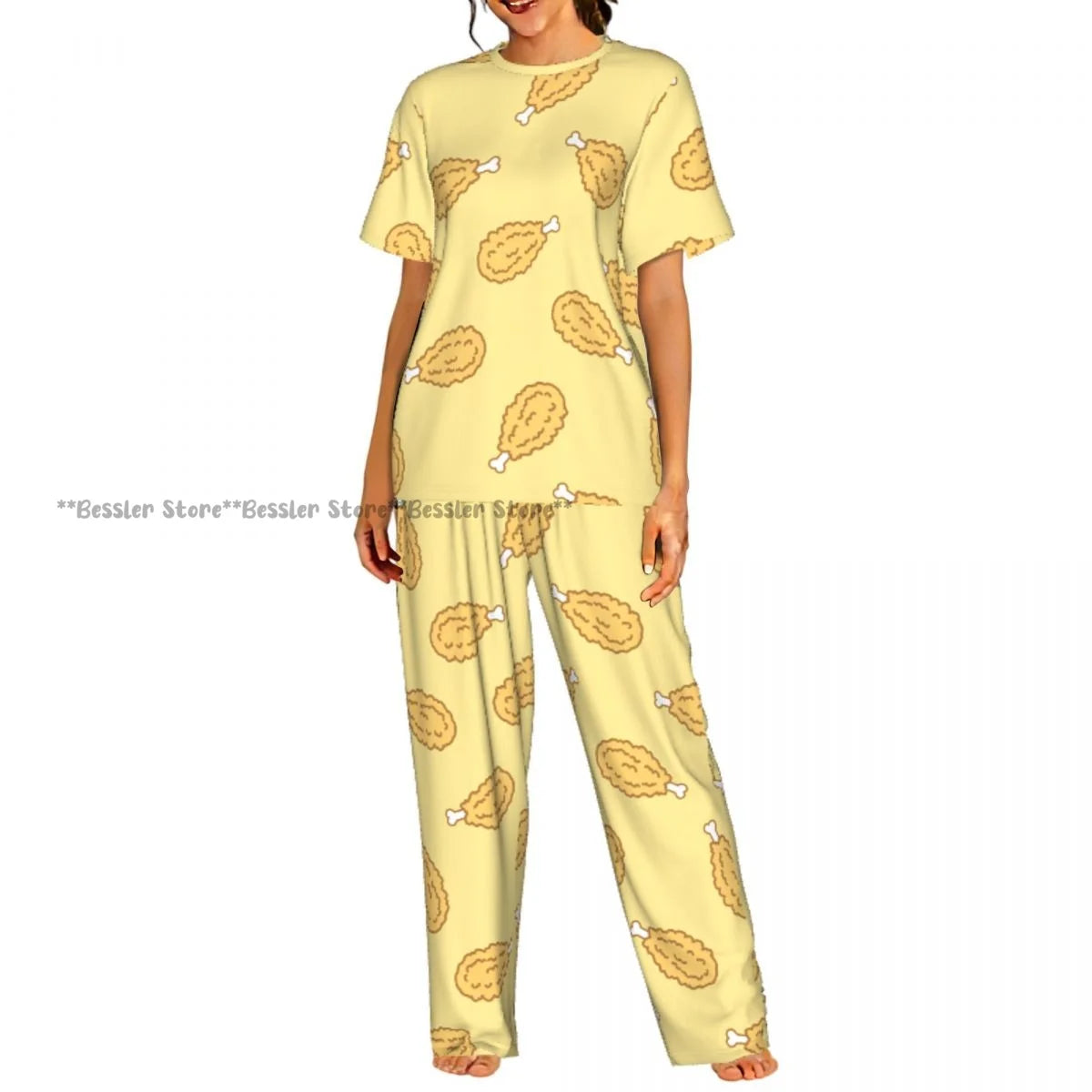 Women Pajama Sets Lounge Sleepwear Crispy Fried Chicken Pattern Short Sleeve Nightwear