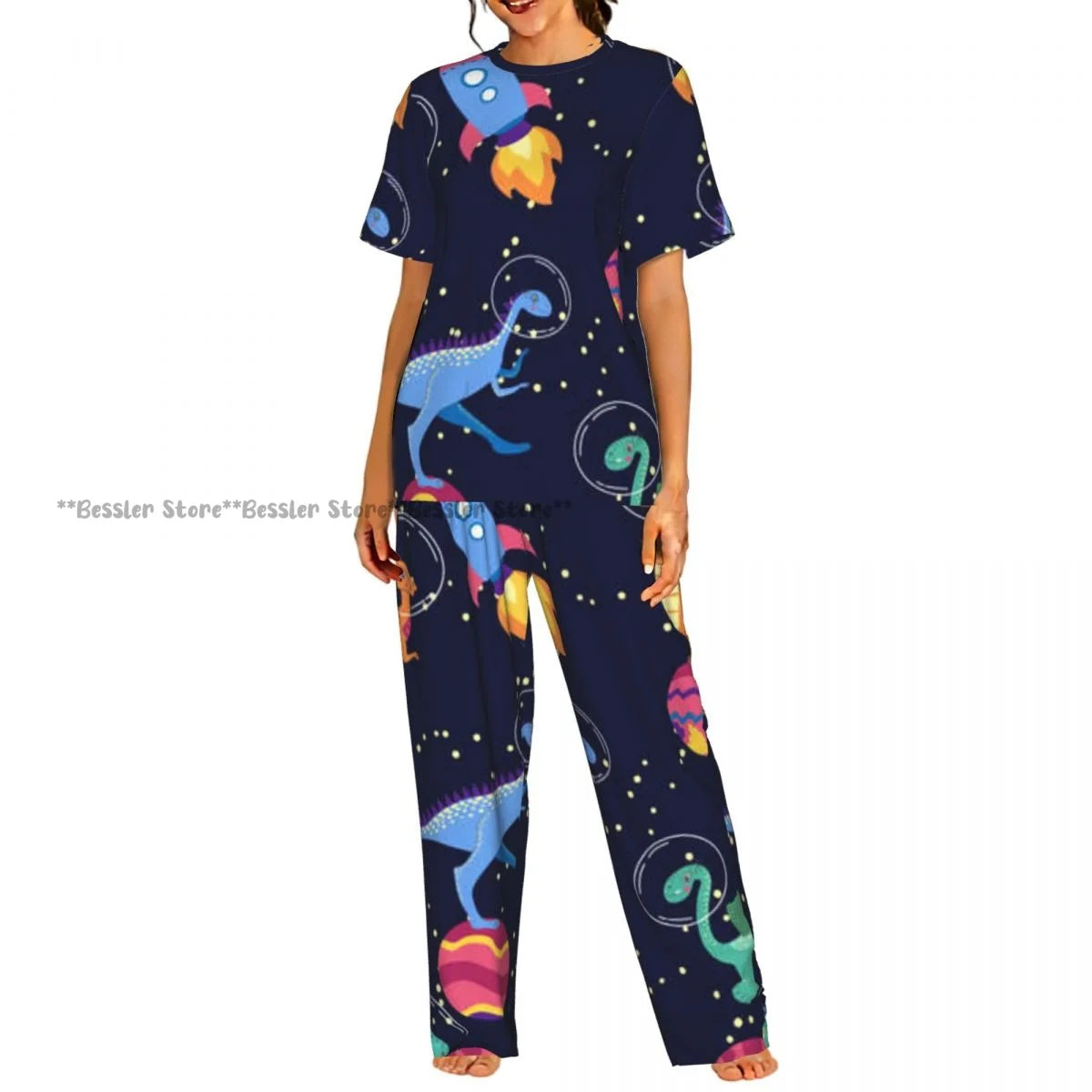 Women's Pajamas Set Space Planets Stars Comets Constellations Short Sleeve Sleepwear 2 Piece Homewear Loungewear