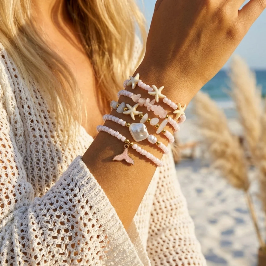 Multilayer Starfish Dolphin Shell Coconut Tree Bracelets For Women Men Imitation Pearl Flower Fish Tail Stackable Bangle Jewelry