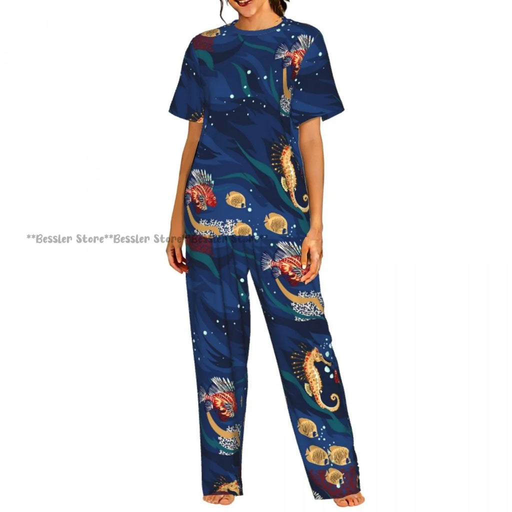 Women's Colorful Fish Pattern short sleeve trousers casual pajamas set