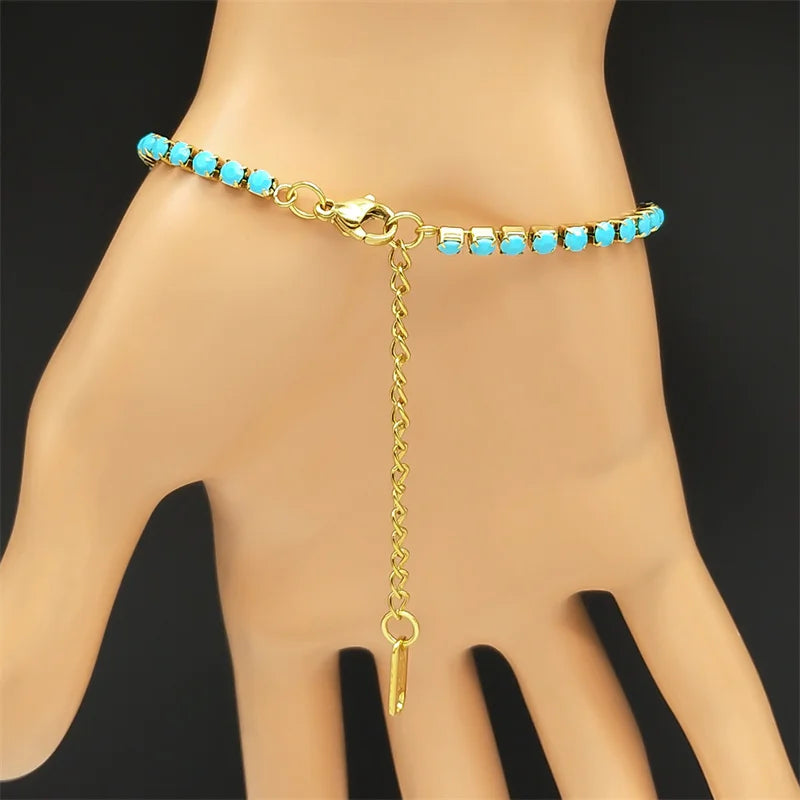 Trend Blue Rectangle Rhinestones Bracelet for Women Girls Stainless Steel Gold Color Fashion Hand Chain Jewelry ZZZ719-2