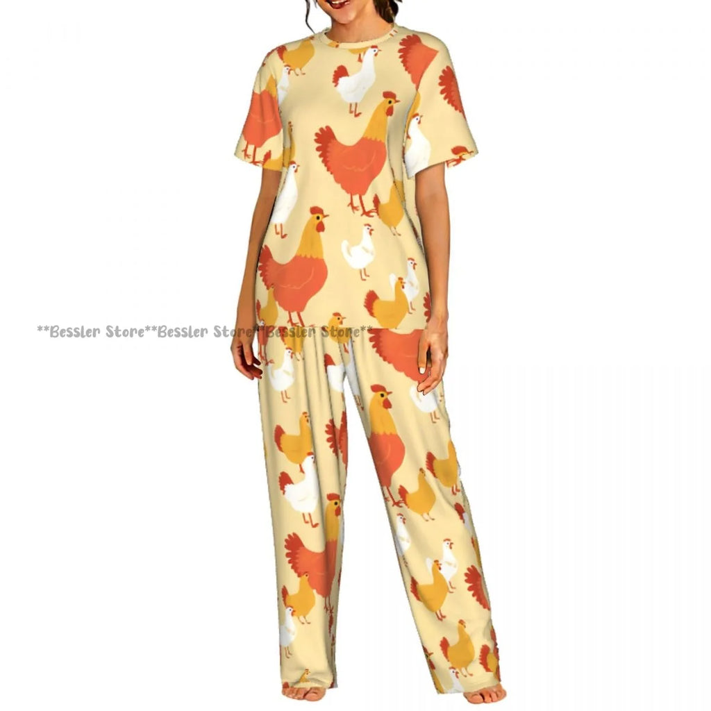 Women's Comfort Pajamas Women's Rooster Hens And Chickens Background Short Sleeve Set Sleepwear