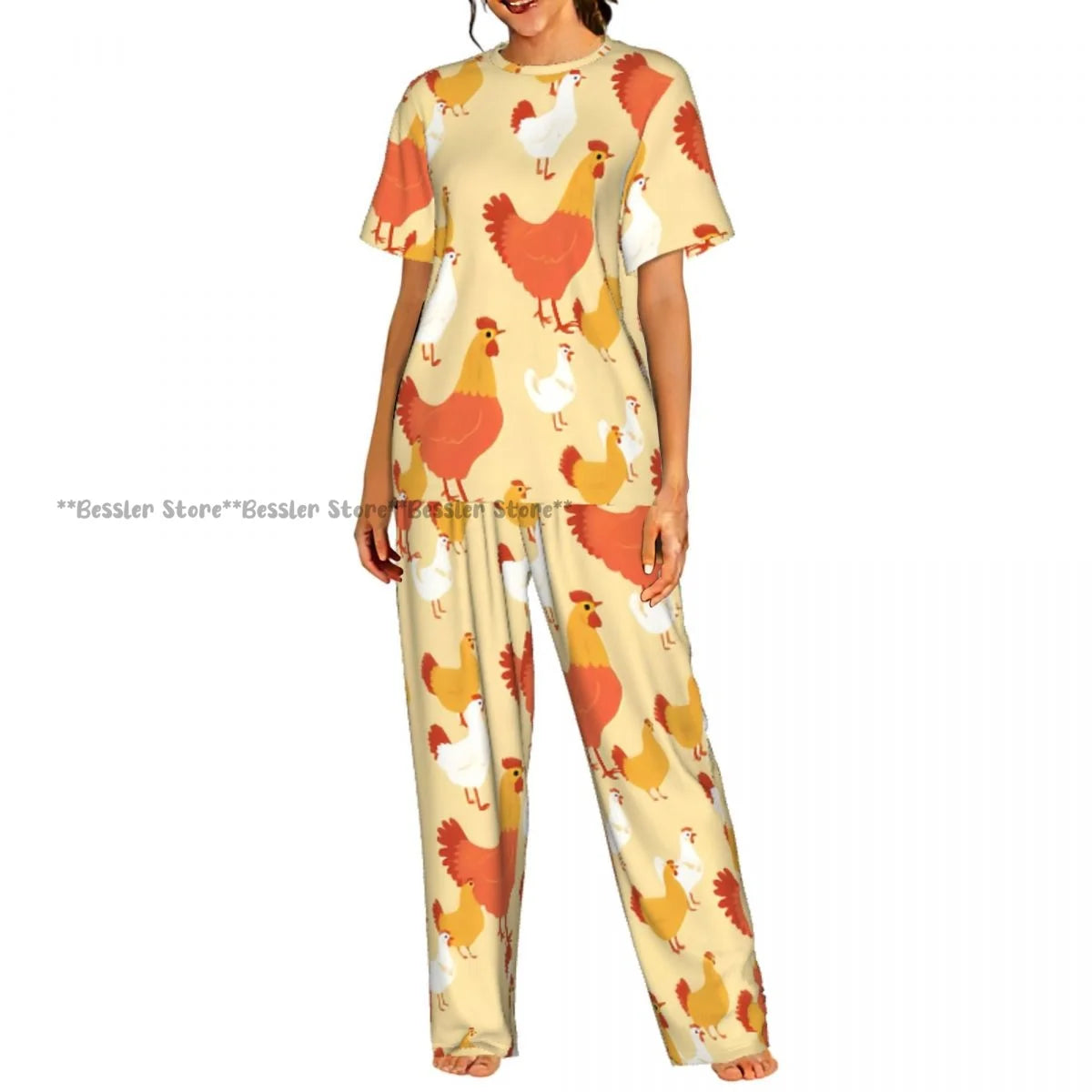 Women's Comfort Pajamas Women's Rooster Hens And Chickens Background Short Sleeve Set Sleepwear