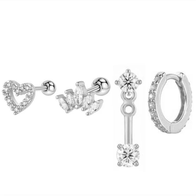 4PCS Stainless Steel Circle Huggie Hoop Earrings Set for Women Gold Color Unique Zircon Flower Stud Earring Piercing Jewelry