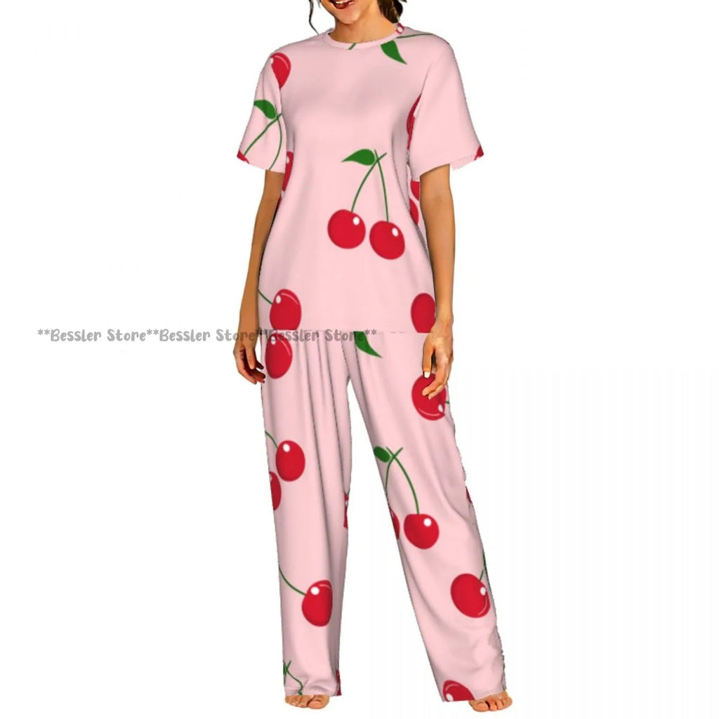 Women's 2-piece set Cherry Spring Flower Pajamas Short sleeved Top and Pants Sleepwear