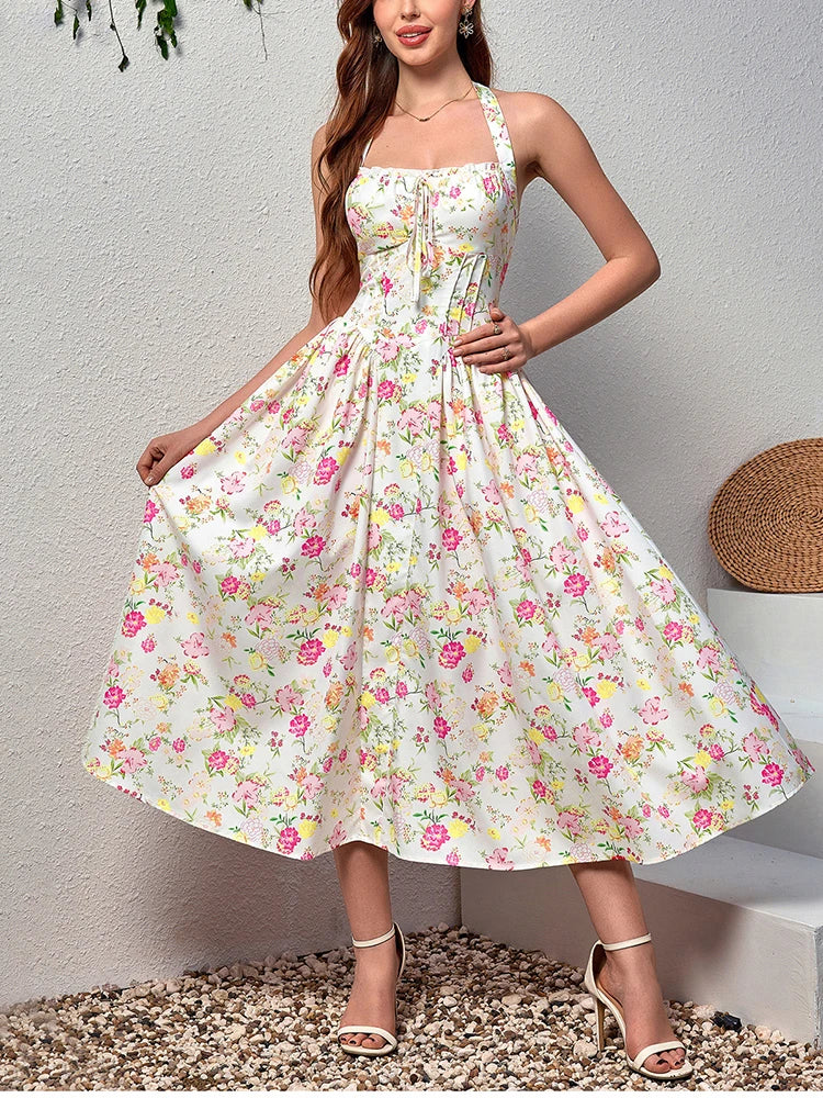 NewAsia Women's Halter Backless Print Floral Midi Corset Dress Spaghetti Straps Tie Up Fashion Casual Holiday Long Dresses Pink