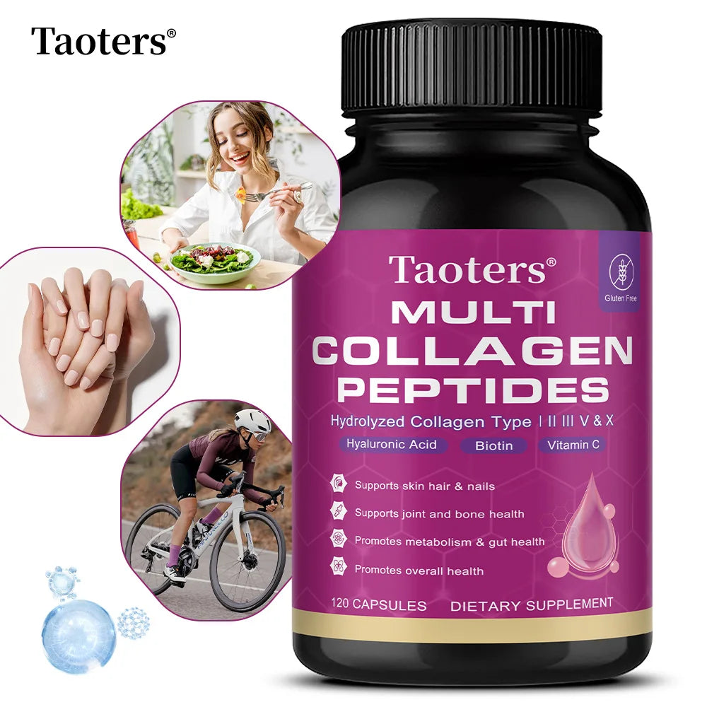 Collagen peptides - containing types I, III, V, and X collagen - support skin, hair, nails, joints, and gut health.