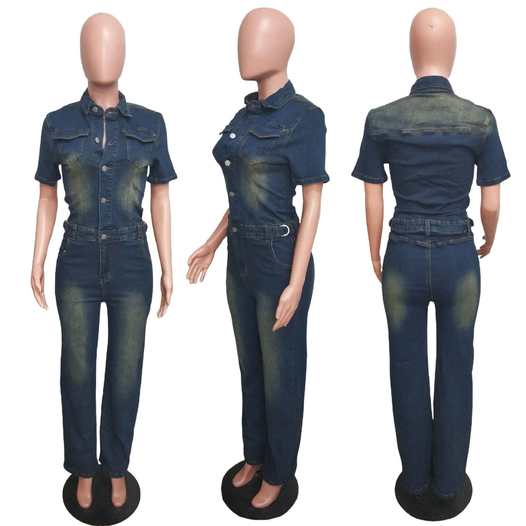 Demin Overalls Jumpsuits Women One Piece Mom Jeans Long Pants Short Sleeve High Waist Rompers Y2k Streetwear Casual Party