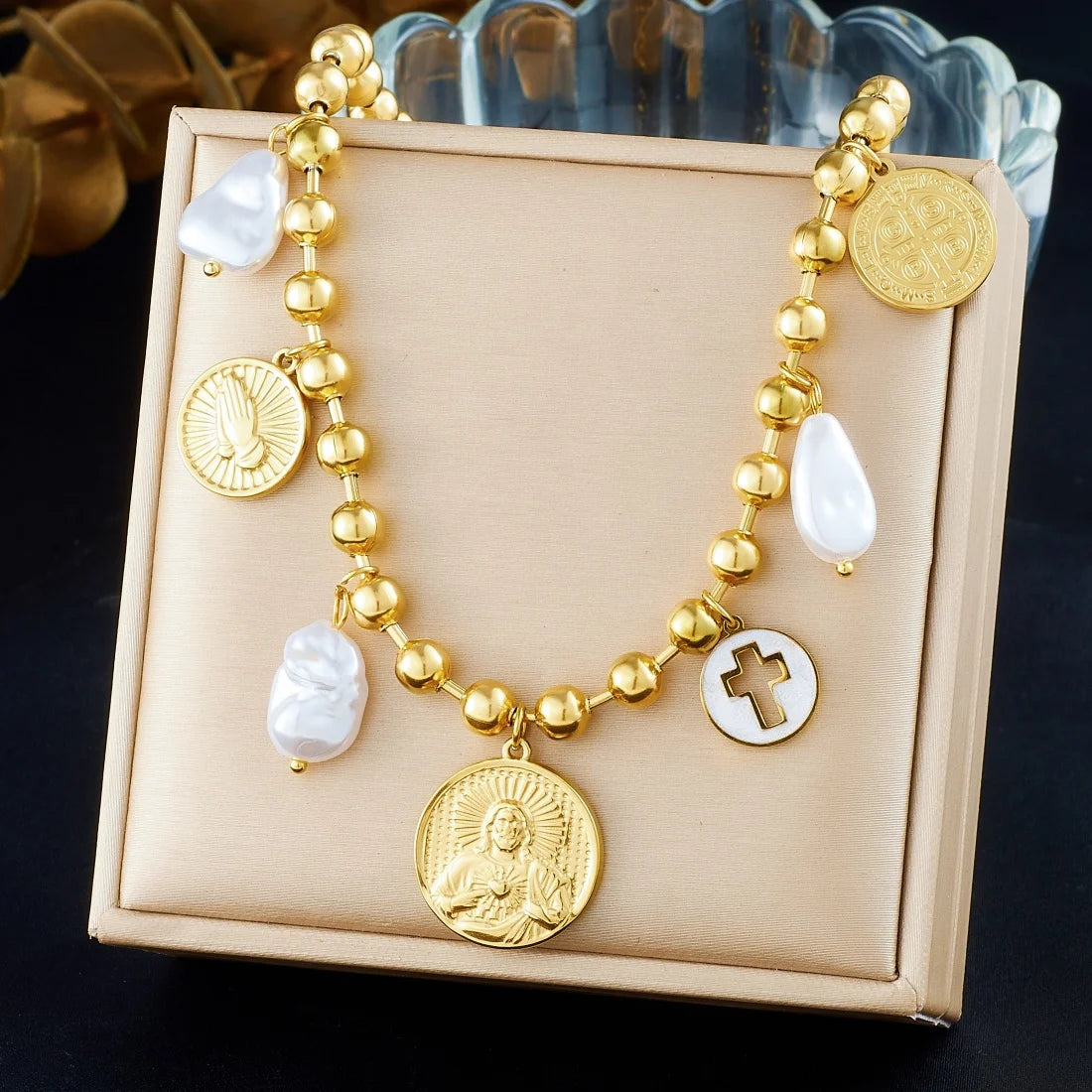 DIEYURO 316L Stainless Steel Retro Portrait Cross Palm Pearl Pendant Beads Necklace Bracelet Set Lady Fashion Waterproof Jewelry