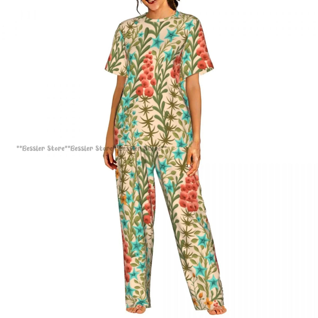 Women's Floral Flowers And Leaves short sleeve trousers casual pajamas set