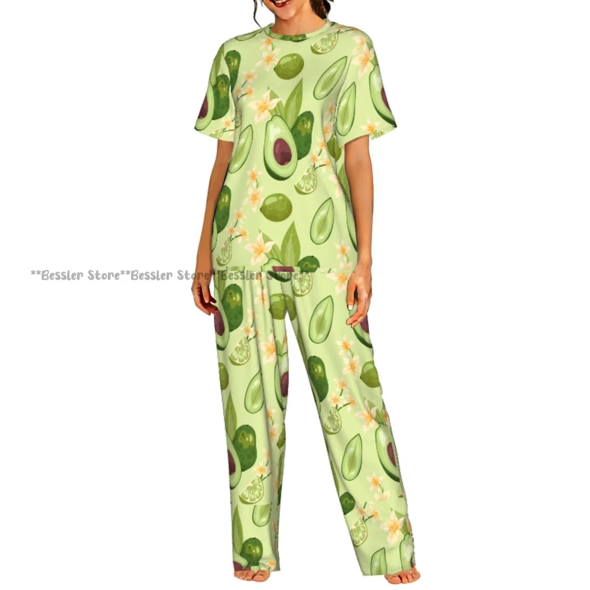 Women Pajama Sets Lounge Sleepwear Avocado Character Short Sleeve Nightwear