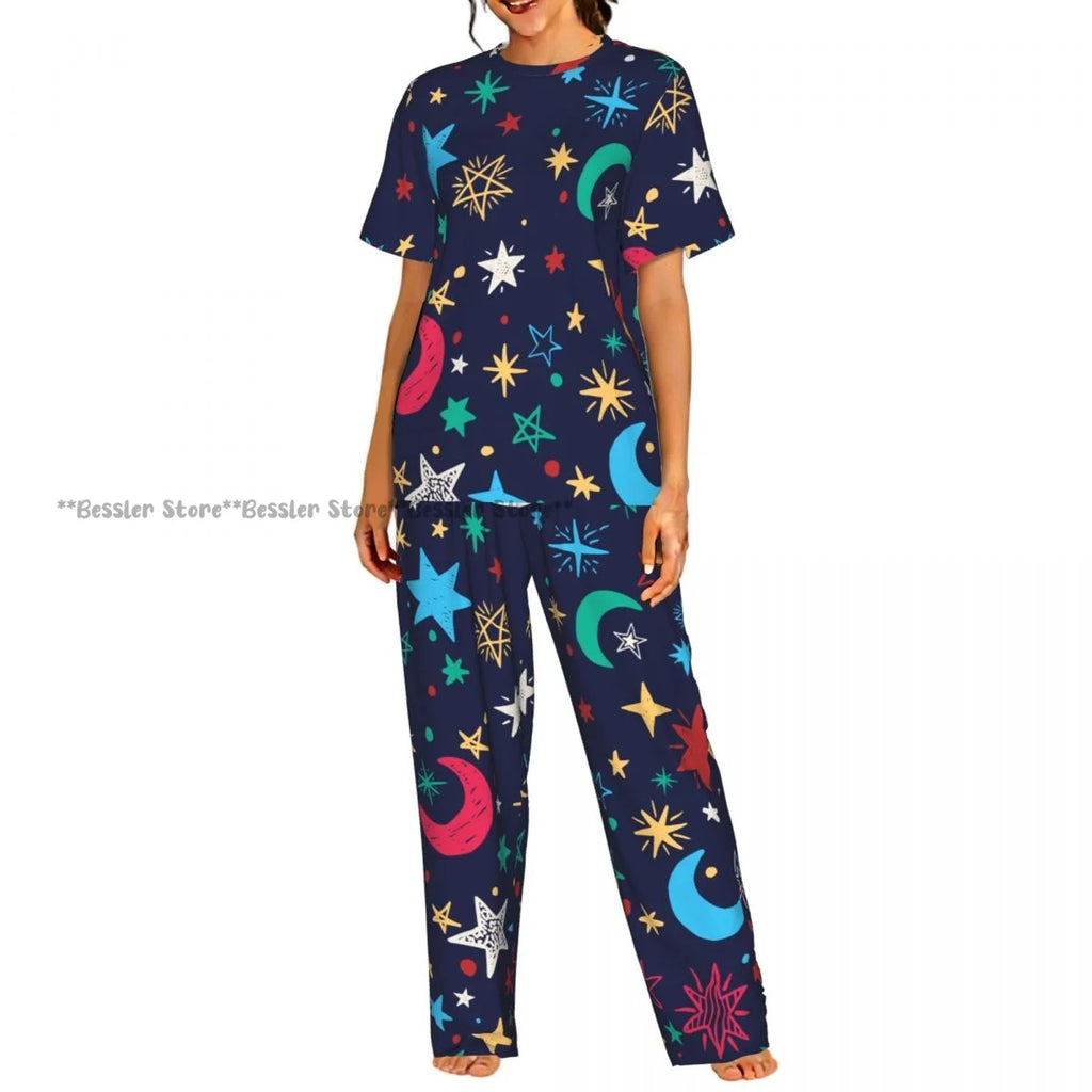 Women's 2-piece set Gold Stars And Planets Pajamas Short sleeved Top and Pants Sleepwear
