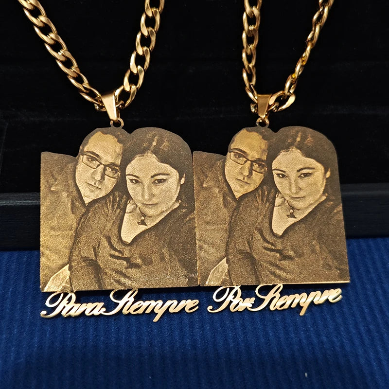 Custom Couple Necklace Cuban Chain Personalized Stainless Steel Laser Engraved Photo Nameplate Pendant Necklace Anniversary Gift
