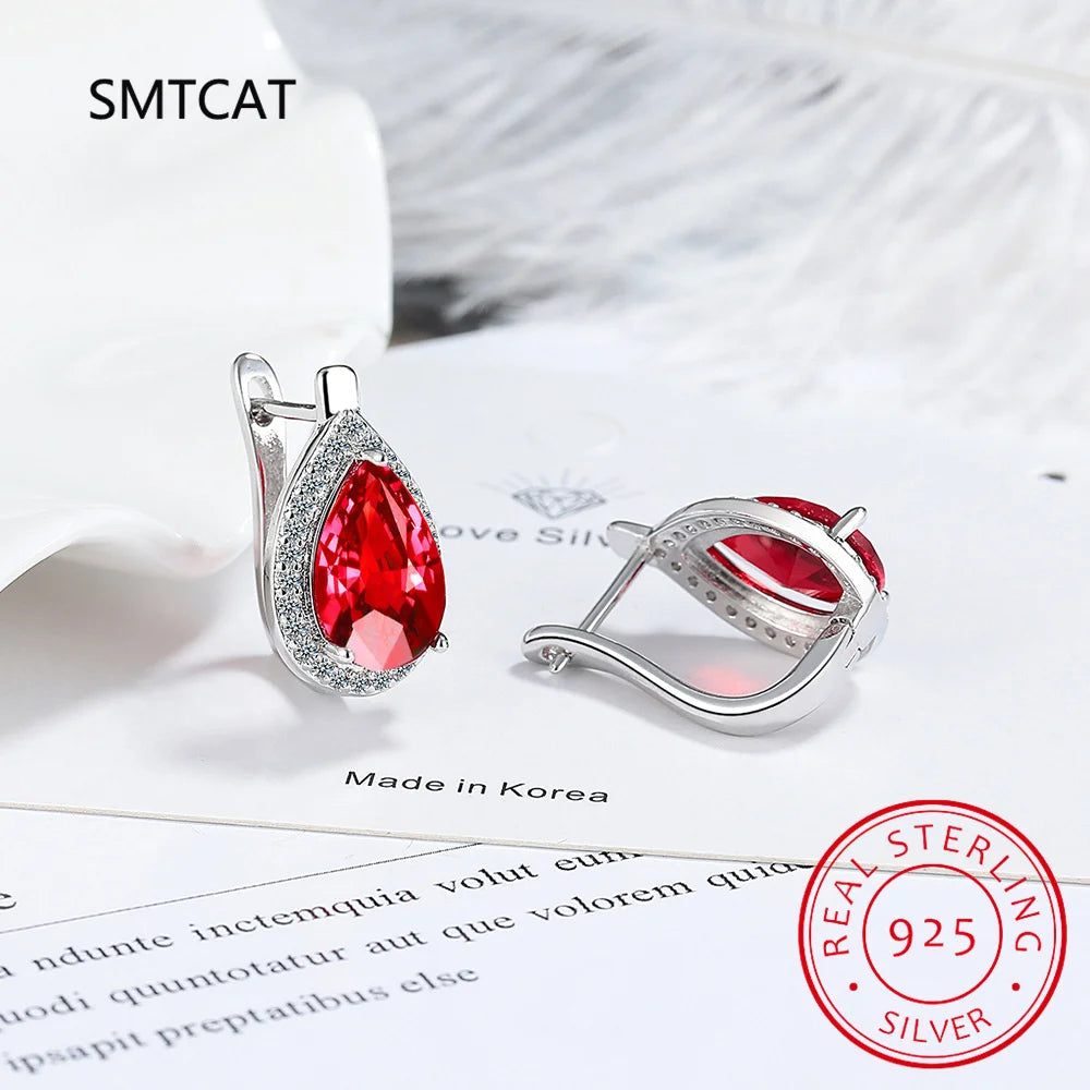 Pear Shape Total 5.35ct Nano Emerald Created Ruby Hoop Earrings 925 Sterling Silver for Women Daily Wedding Party Jewelry