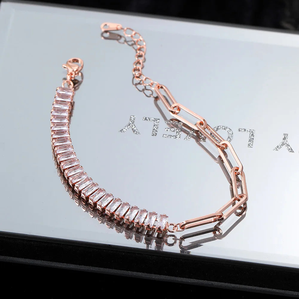 Dainty Fake Paperclip Tennis Bracelet for Women Adjustable Shiny Colorful Crystal Short Chain on Hand Party Sexy Jewelry KCH079