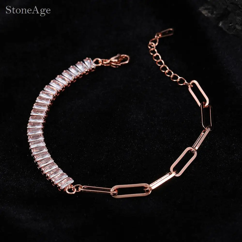 Dainty Fake Paperclip Tennis Bracelet for Women Adjustable Shiny Colorful Crystal Short Chain on Hand Party Sexy Jewelry KCH079