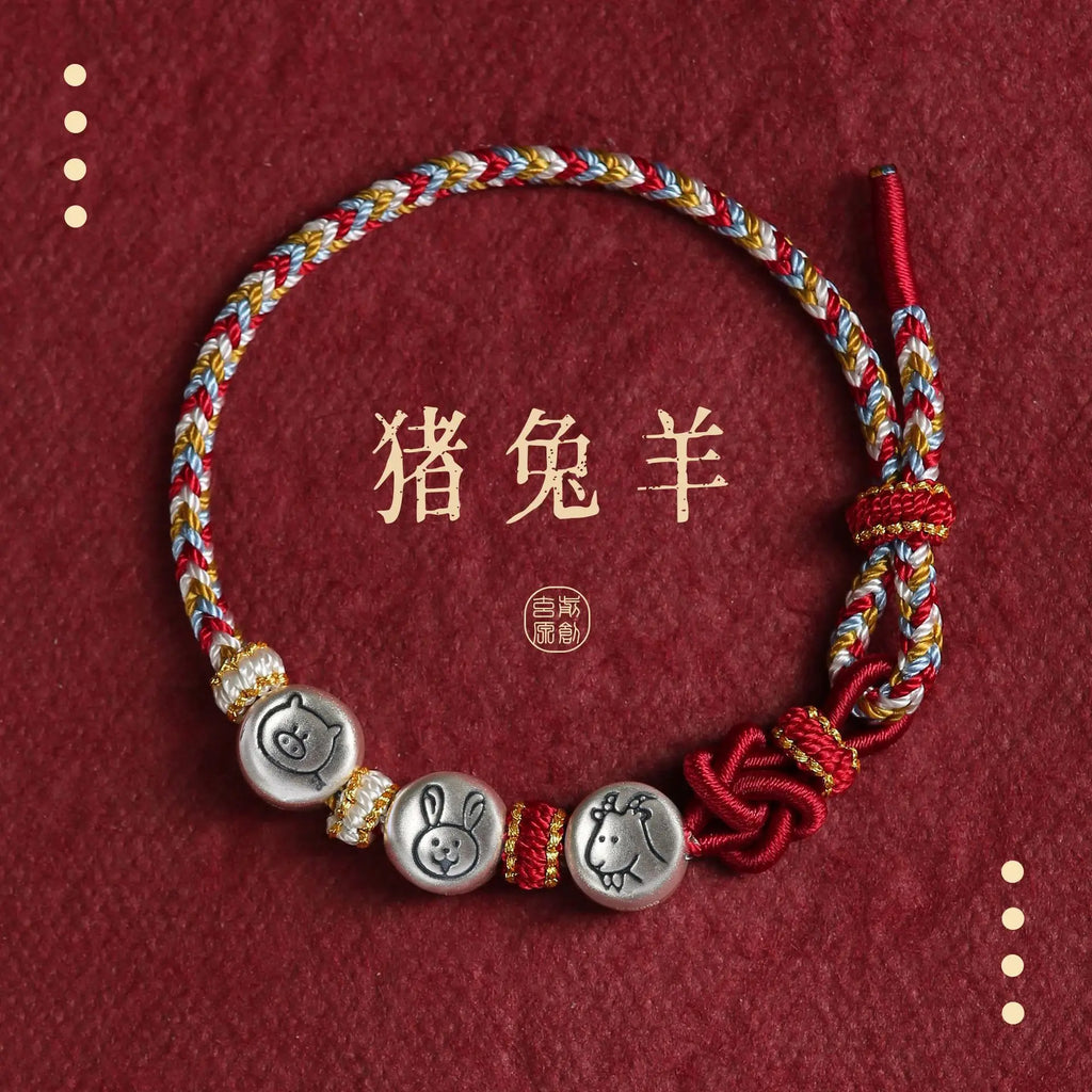 New 999 Silver 12 Zodiac Tai Sui Amulet for Horse Life Year Women's Triple Lucky Beads Hand-woven Red Rope Gift for Men Bracelet