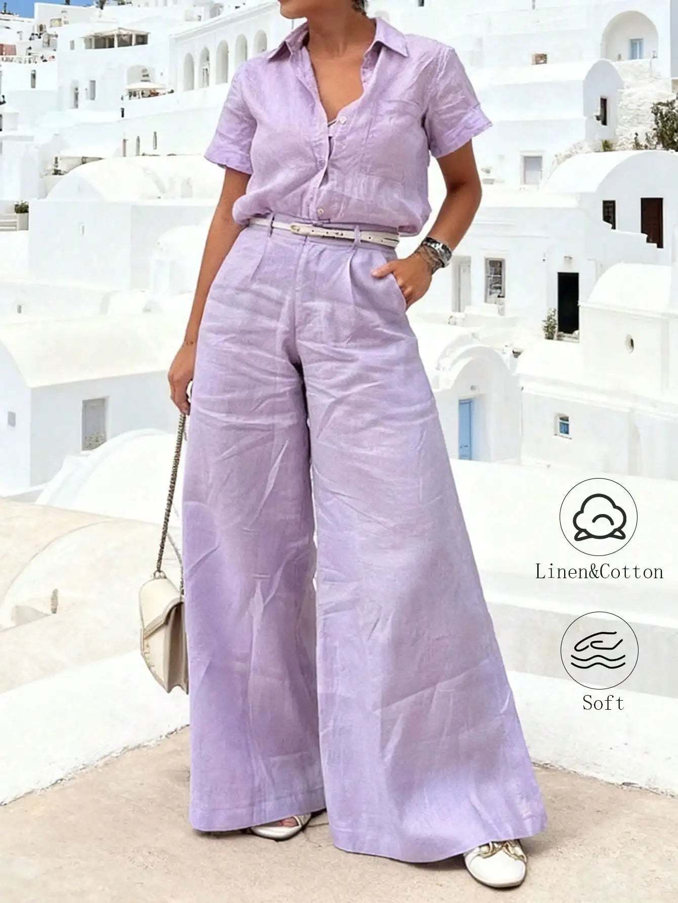 Women's Yellow Collared Short-Sleeve Two-Piece Set - Button-Front Wide-Leg Pants With Belt For Coastal Vacation