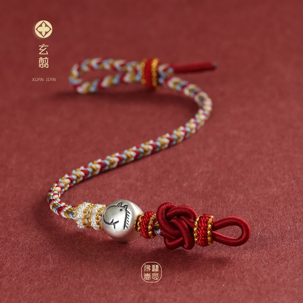 New 999 Silver 12 Zodiac Tai Sui Amulet for Horse Life Year Women's Triple Lucky Beads Hand-woven Red Rope Gift for Men Bracelet